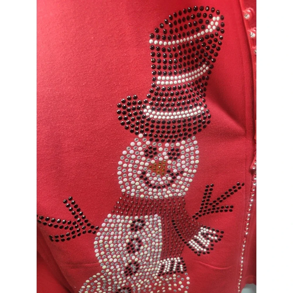 Tia Designs Red Rhinestone Snowman Zip Up Holiday Christmas‎ Sweatshirt Large